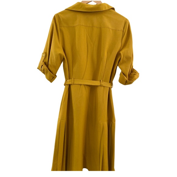 Ladies Button Front, Gold Pleated Knee Length Belted Dress by Sharagano New York - Picture 3 of 6